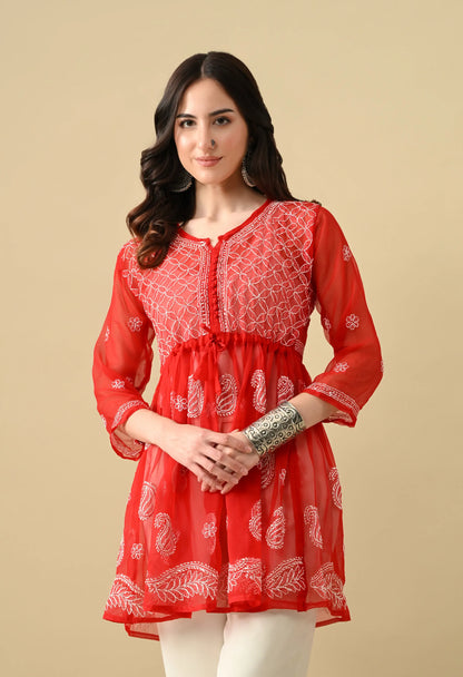 SOFT GEAORGETTE CHIKAN HANDWORK SHORT GOWN | RED