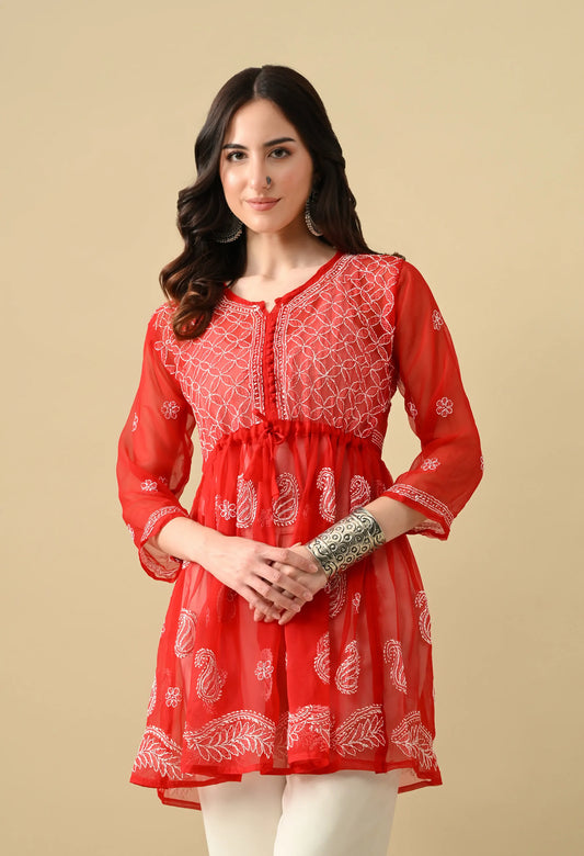 SOFT GEAORGETTE CHIKAN HANDWORK SHORT GOWN | RED