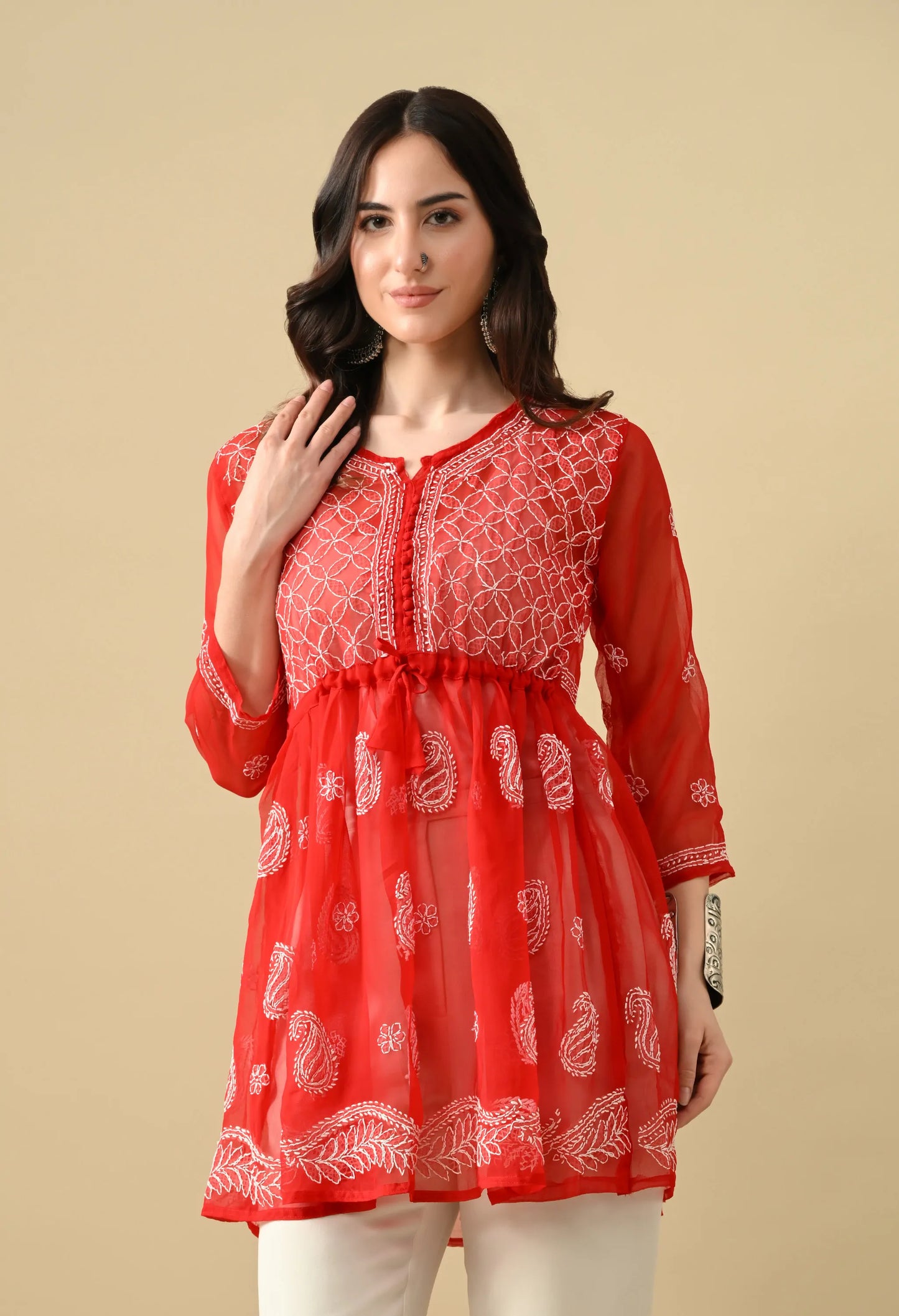 SOFT GEAORGETTE CHIKAN HANDWORK SHORT GOWN | RED