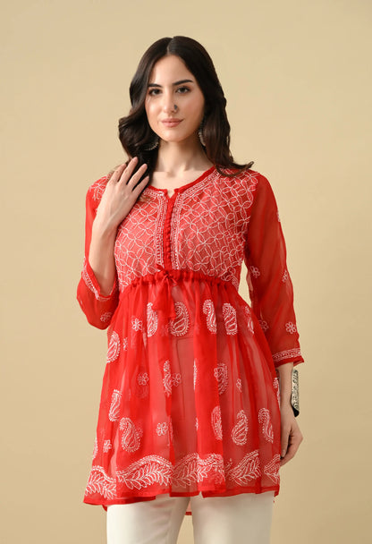 SOFT GEAORGETTE CHIKAN HANDWORK SHORT GOWN | RED