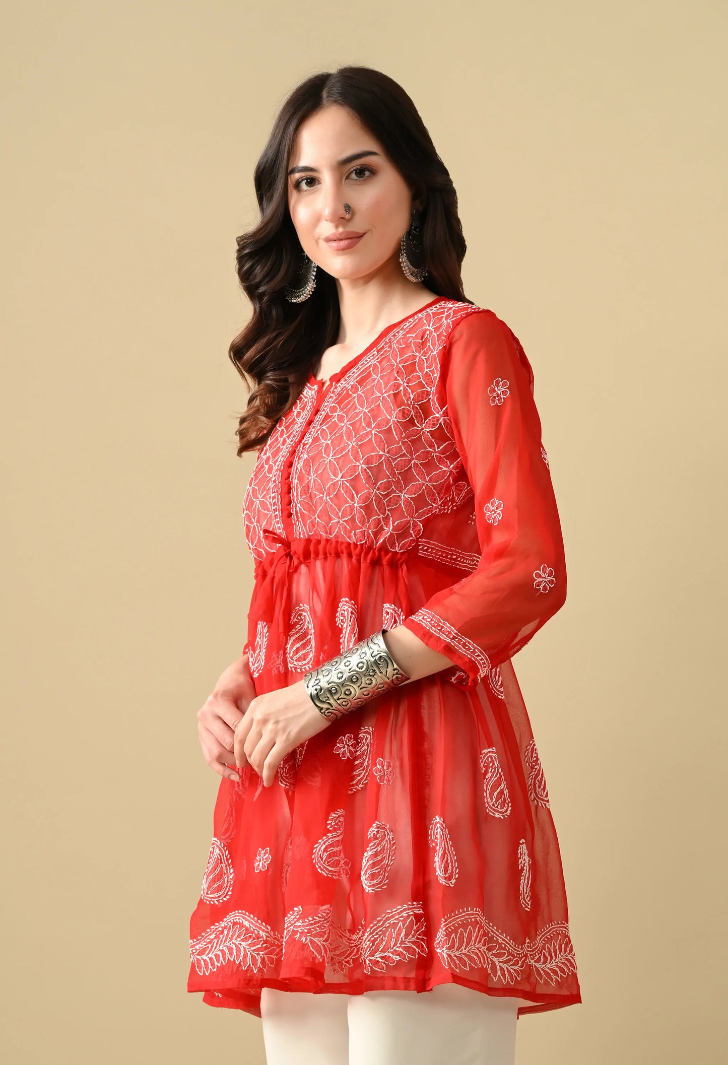 SOFT GEAORGETTE CHIKAN HANDWORK SHORT GOWN | RED