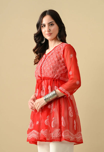 SOFT GEAORGETTE CHIKAN HANDWORK SHORT GOWN | RED