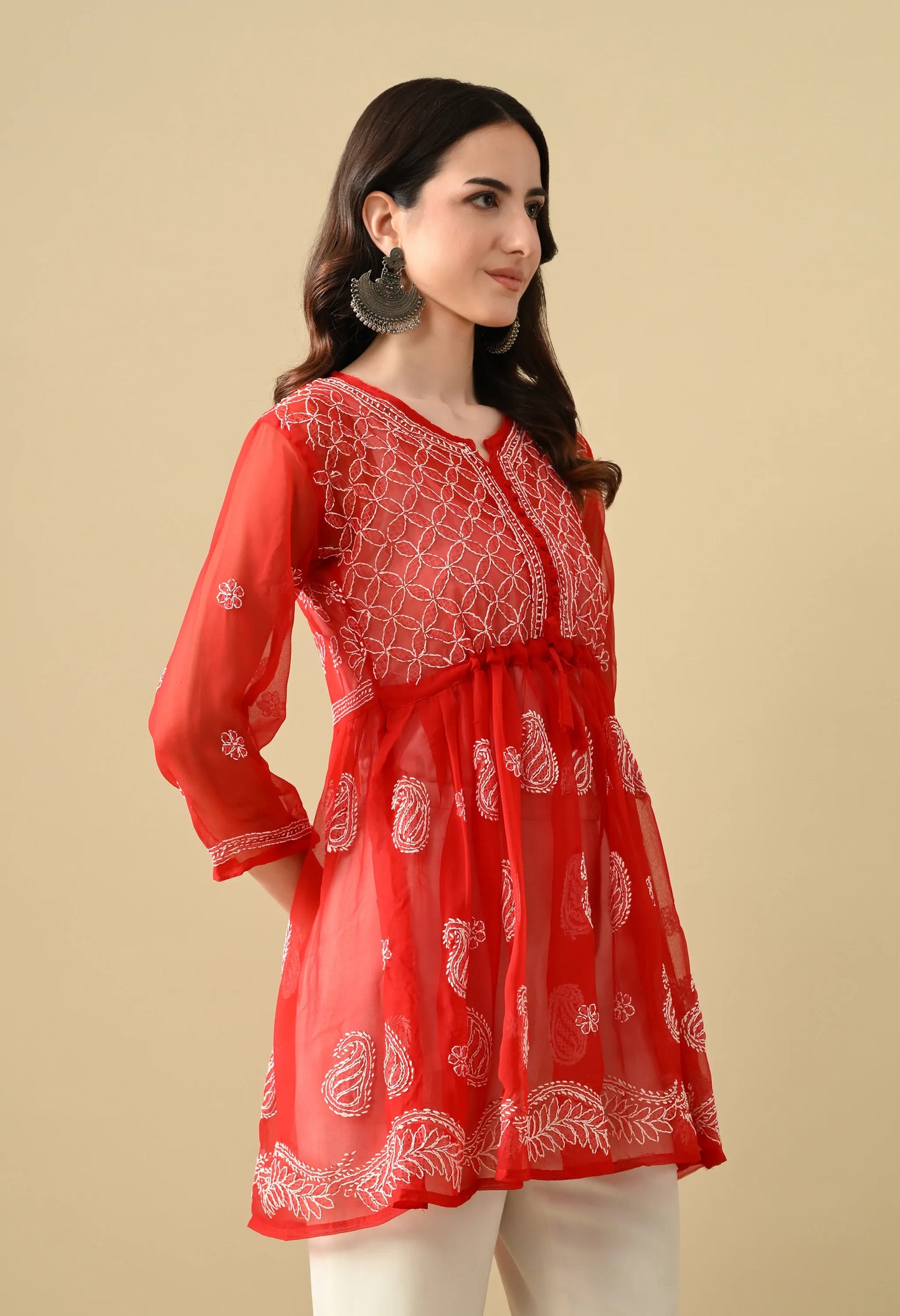 SOFT GEAORGETTE CHIKAN HANDWORK SHORT GOWN | RED