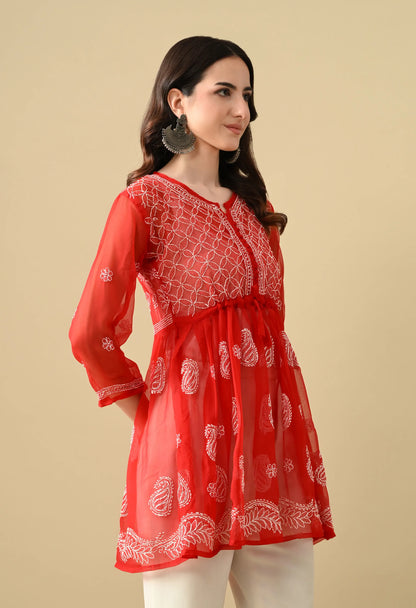 SOFT GEAORGETTE CHIKAN HANDWORK SHORT GOWN | RED
