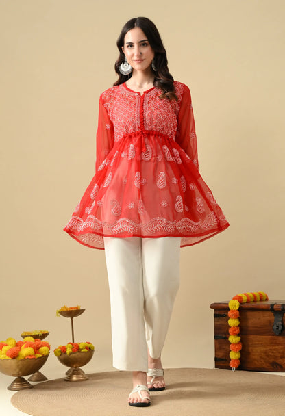 SOFT GEAORGETTE CHIKAN HANDWORK SHORT GOWN | RED