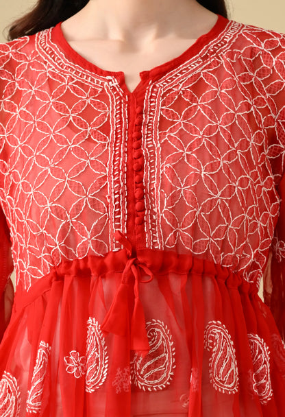 SOFT GEAORGETTE CHIKAN HANDWORK SHORT GOWN | RED