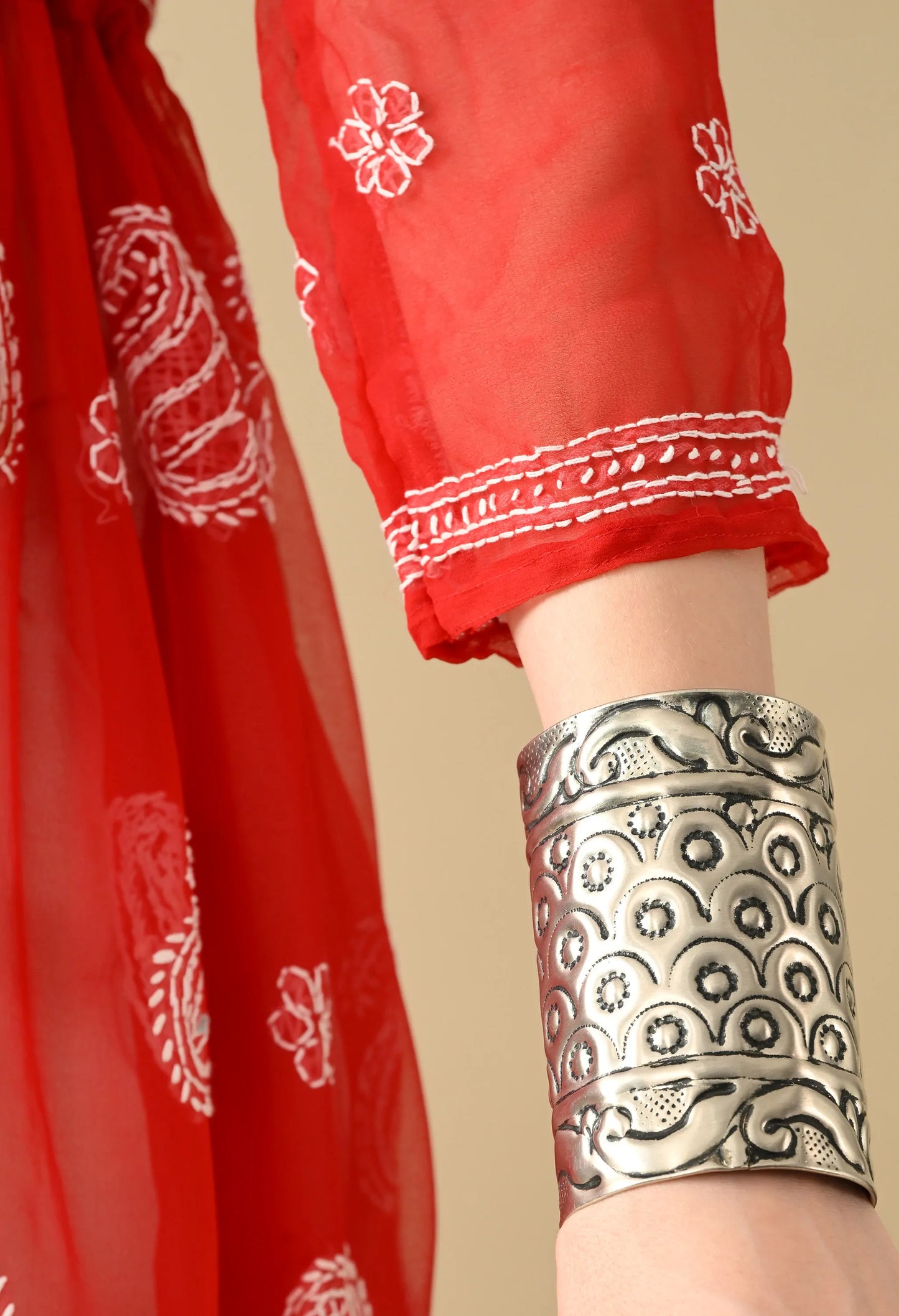 SOFT GEAORGETTE CHIKAN HANDWORK SHORT GOWN | RED