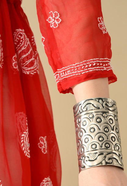 SOFT GEAORGETTE CHIKAN HANDWORK SHORT GOWN | RED