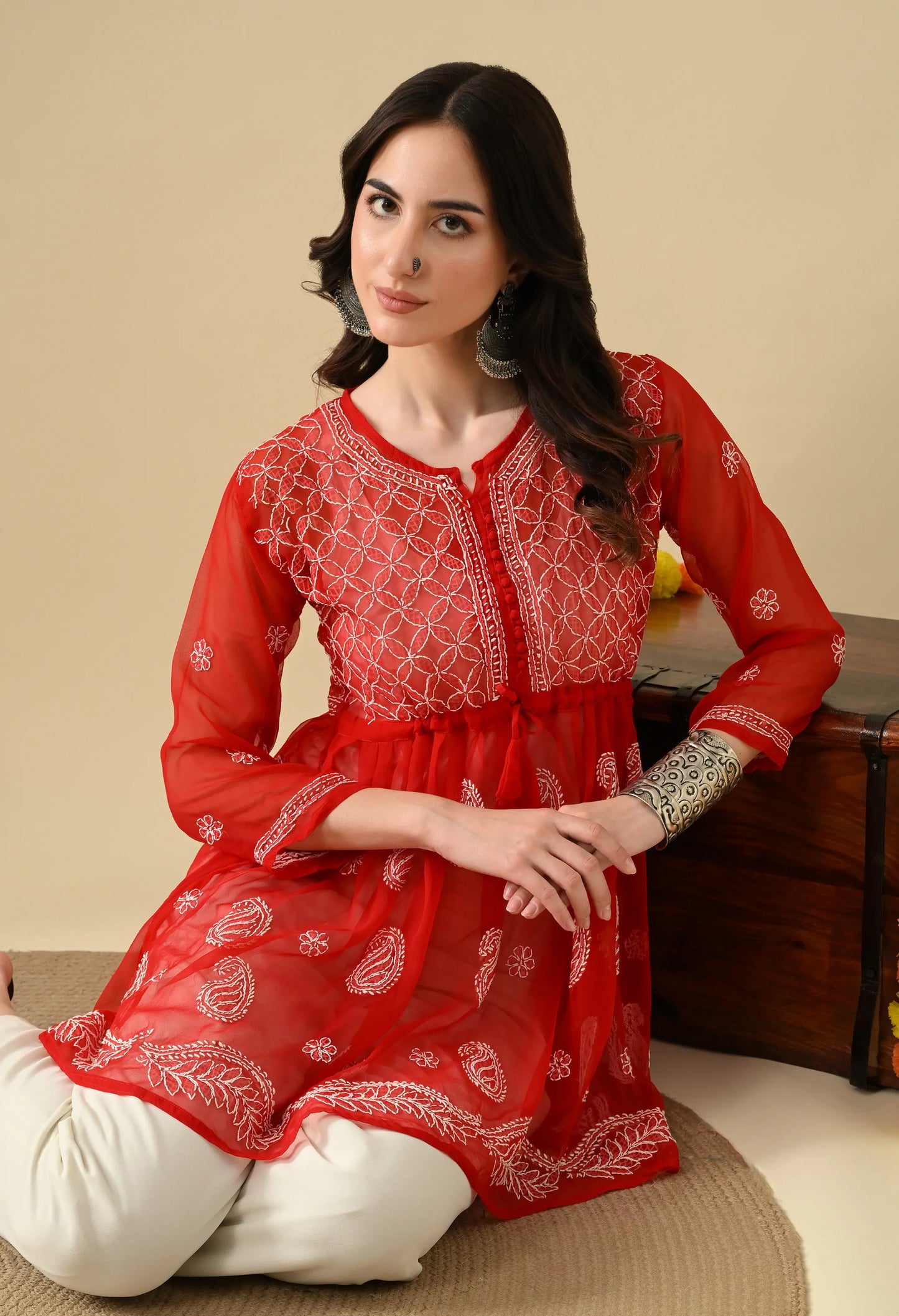 SOFT GEAORGETTE CHIKAN HANDWORK SHORT GOWN | RED
