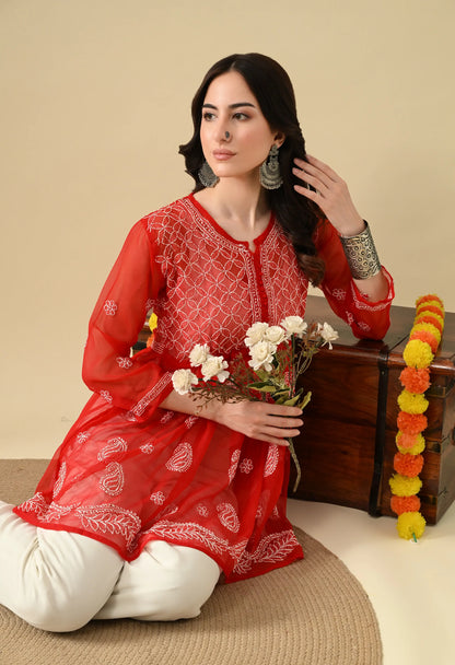 SOFT GEAORGETTE CHIKAN HANDWORK SHORT GOWN | RED