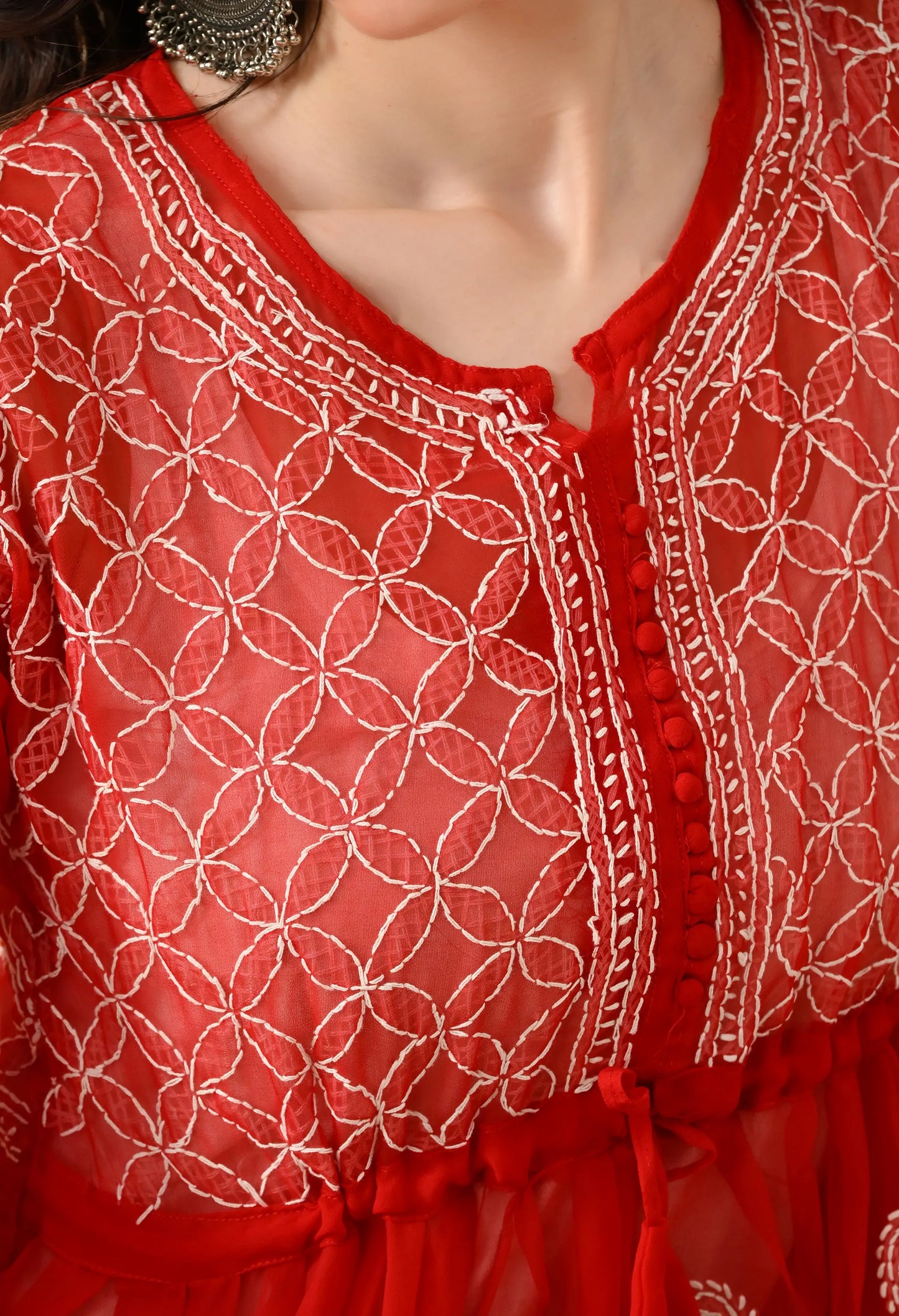 SOFT GEAORGETTE CHIKAN HANDWORK SHORT GOWN | RED