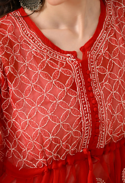 SOFT GEAORGETTE CHIKAN HANDWORK SHORT GOWN | RED