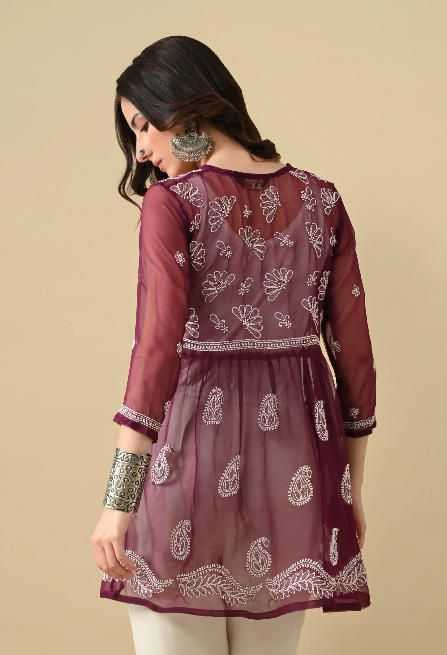 SOFT GEAORGETTE CHIKAN HANDWORK SHORT GOWN | WINE