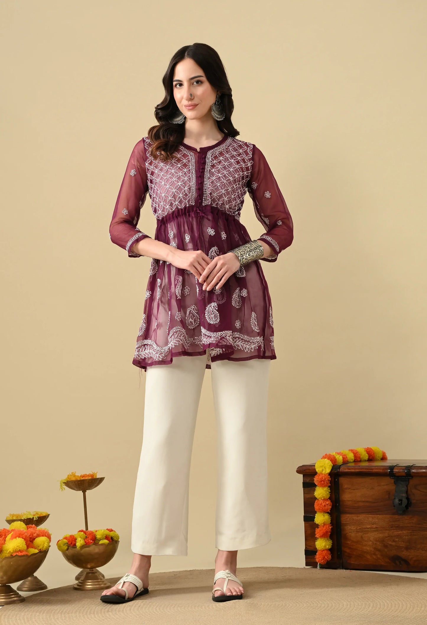 SOFT GEAORGETTE CHIKAN HANDWORK SHORT GOWN | WINE