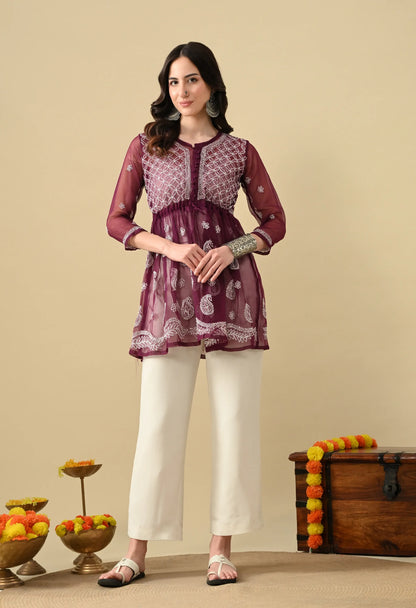 SOFT GEAORGETTE CHIKAN HANDWORK SHORT GOWN | WINE