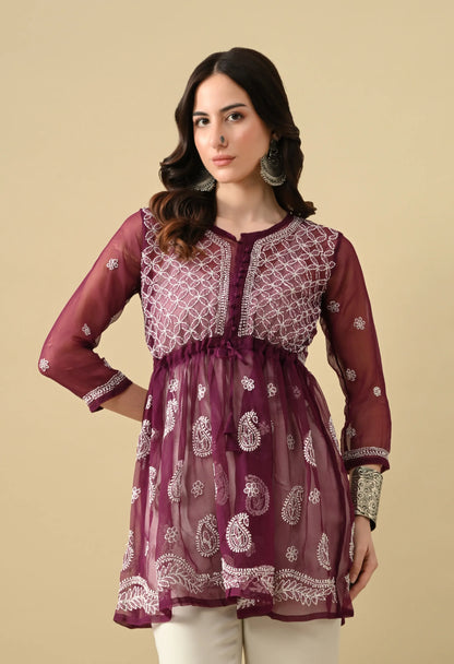 SOFT GEAORGETTE CHIKAN HANDWORK SHORT GOWN | WINE