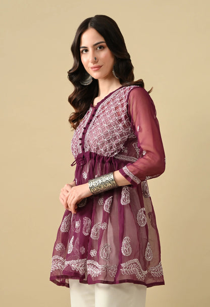 SOFT GEAORGETTE CHIKAN HANDWORK SHORT GOWN | WINE