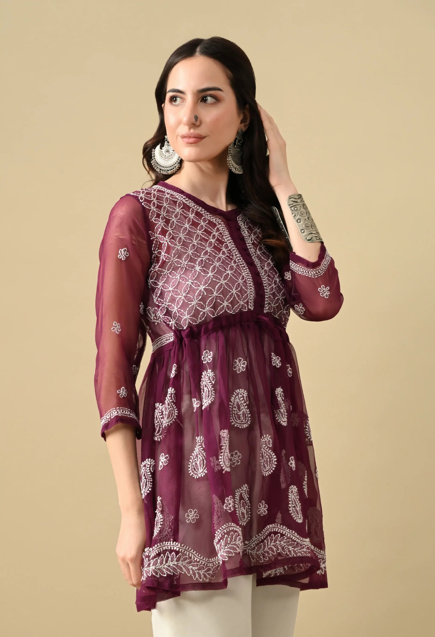SOFT GEAORGETTE CHIKAN HANDWORK SHORT GOWN | WINE