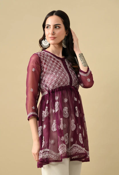 SOFT GEAORGETTE CHIKAN HANDWORK SHORT GOWN | WINE
