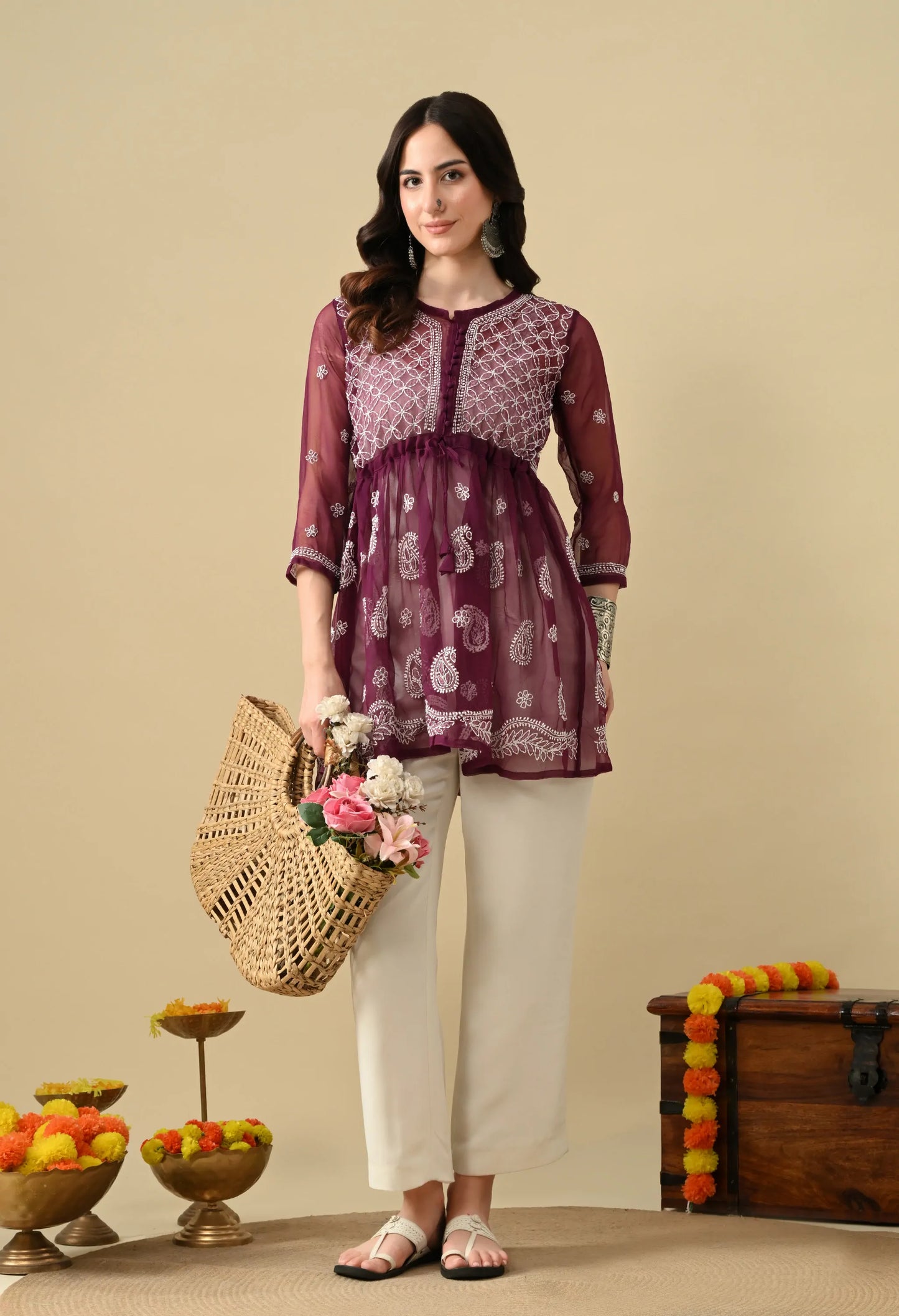SOFT GEAORGETTE CHIKAN HANDWORK SHORT GOWN | WINE