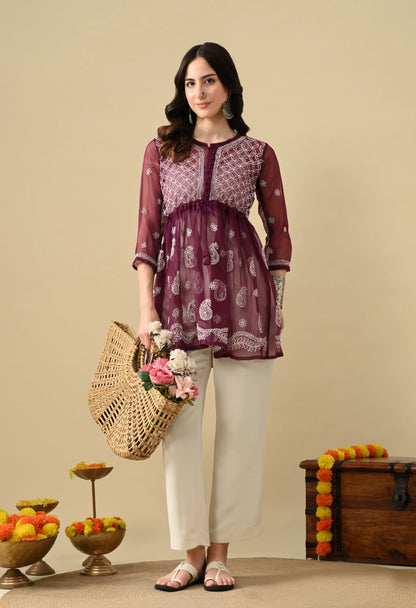 SOFT GEAORGETTE CHIKAN HANDWORK SHORT GOWN | WINE