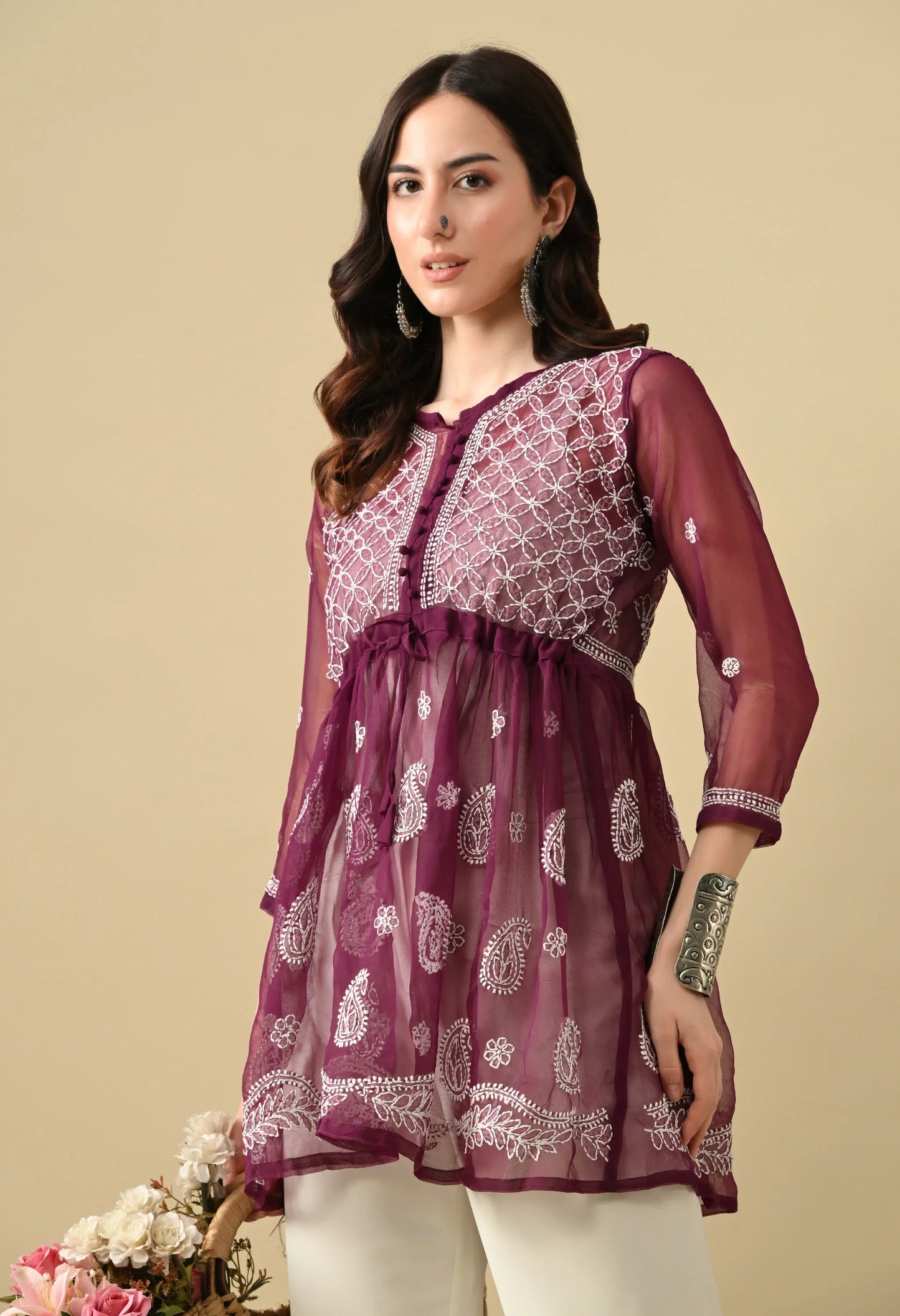 SOFT GEAORGETTE CHIKAN HANDWORK SHORT GOWN | WINE