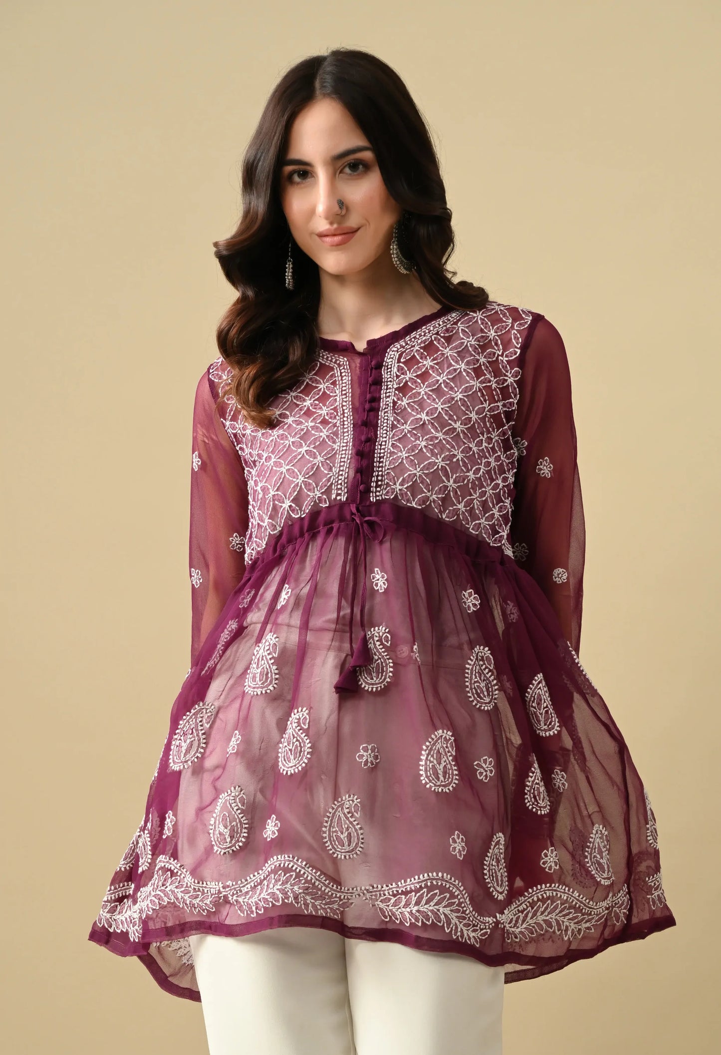 SOFT GEAORGETTE CHIKAN HANDWORK SHORT GOWN | WINE