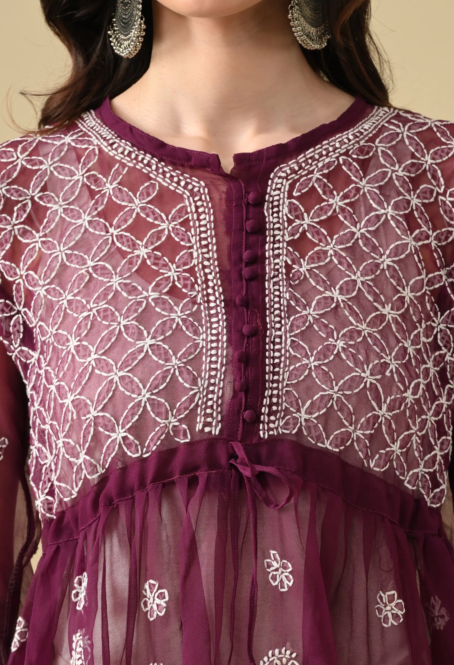 SOFT GEAORGETTE CHIKAN HANDWORK SHORT GOWN | WINE