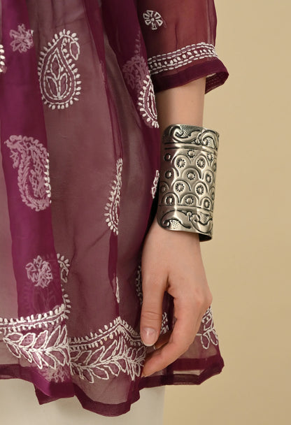 SOFT GEAORGETTE CHIKAN HANDWORK SHORT GOWN | WINE