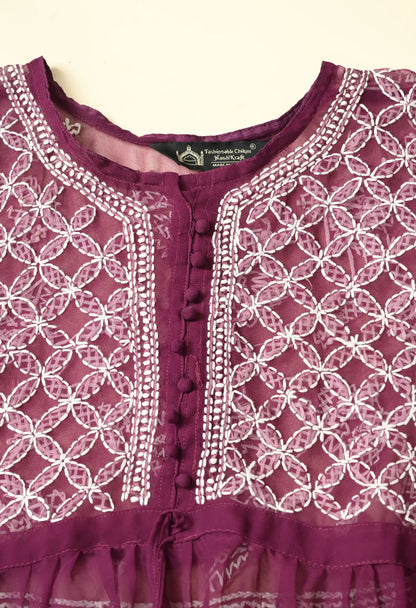 SOFT GEAORGETTE CHIKAN HANDWORK SHORT GOWN | WINE