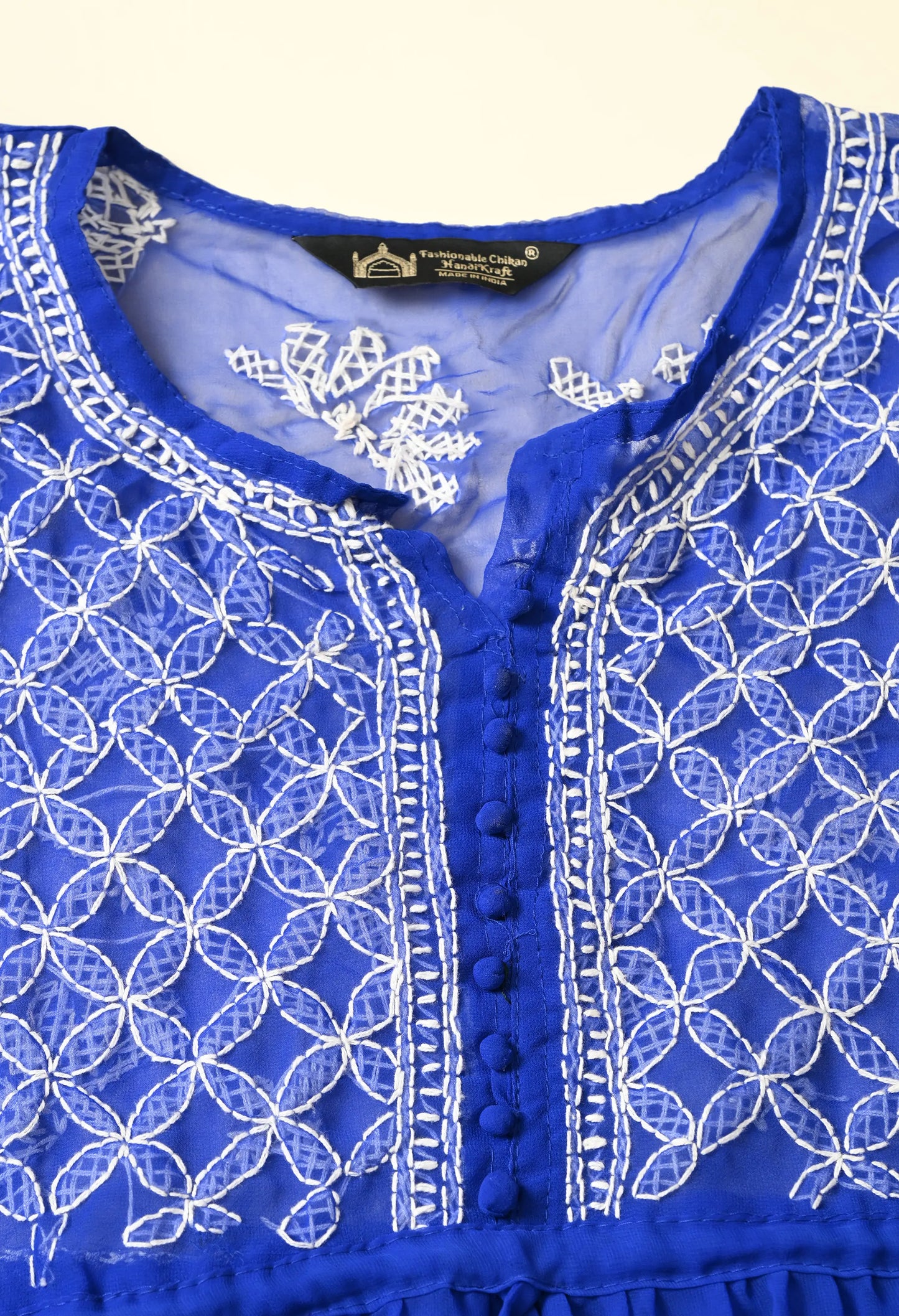 SOFT GEAORGETTE CHIKAN HANDWORK SHORT GOWN | ROYAL BLUE