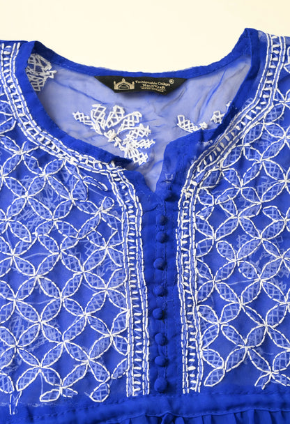 SOFT GEAORGETTE CHIKAN HANDWORK SHORT GOWN | ROYAL BLUE
