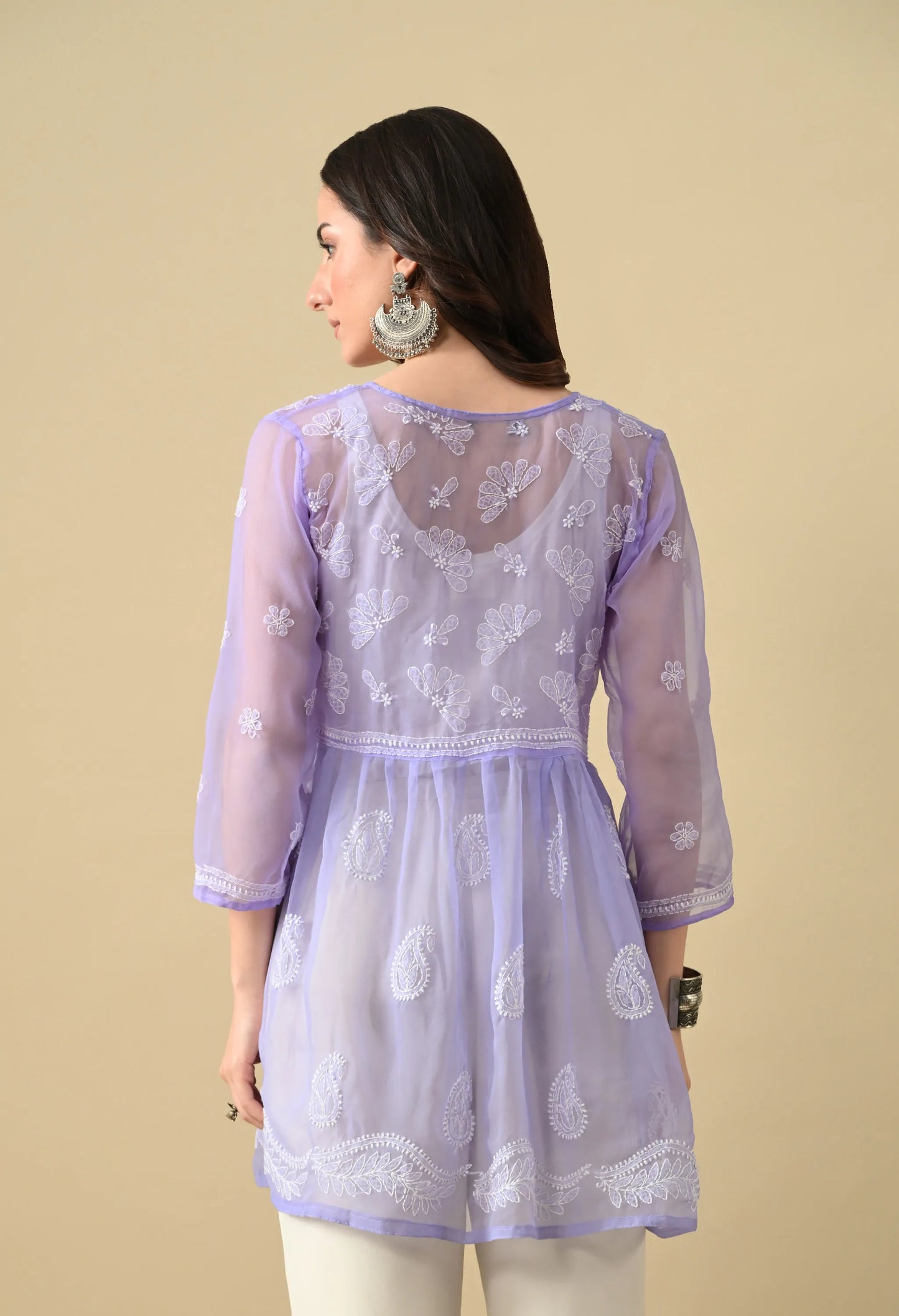 SOFT GEAORGETTE CHIKAN HANDWORK SHORT GOWN | LAVENDER