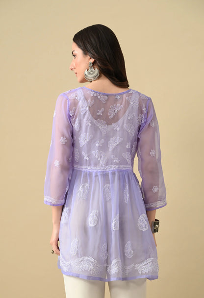 SOFT GEAORGETTE CHIKAN HANDWORK SHORT GOWN | LAVENDER
