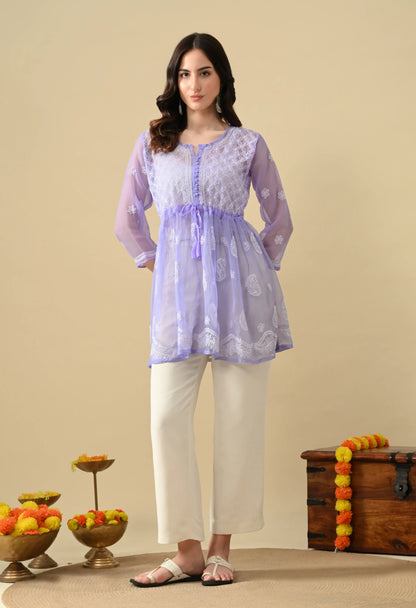 SOFT GEAORGETTE CHIKAN HANDWORK SHORT GOWN | LAVENDER