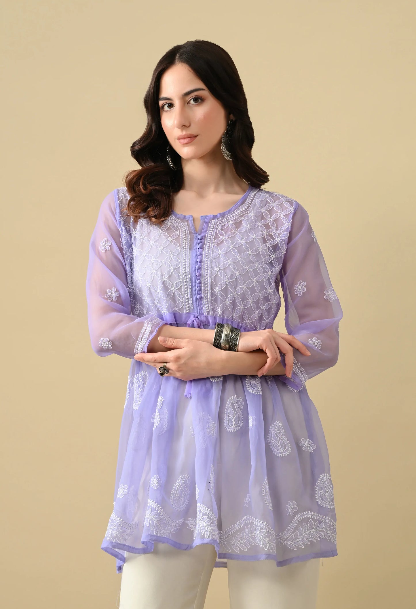SOFT GEAORGETTE CHIKAN HANDWORK SHORT GOWN | LAVENDER