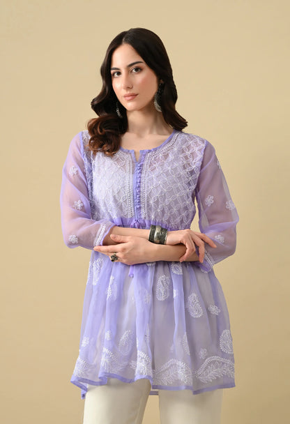 SOFT GEAORGETTE CHIKAN HANDWORK SHORT GOWN | LAVENDER