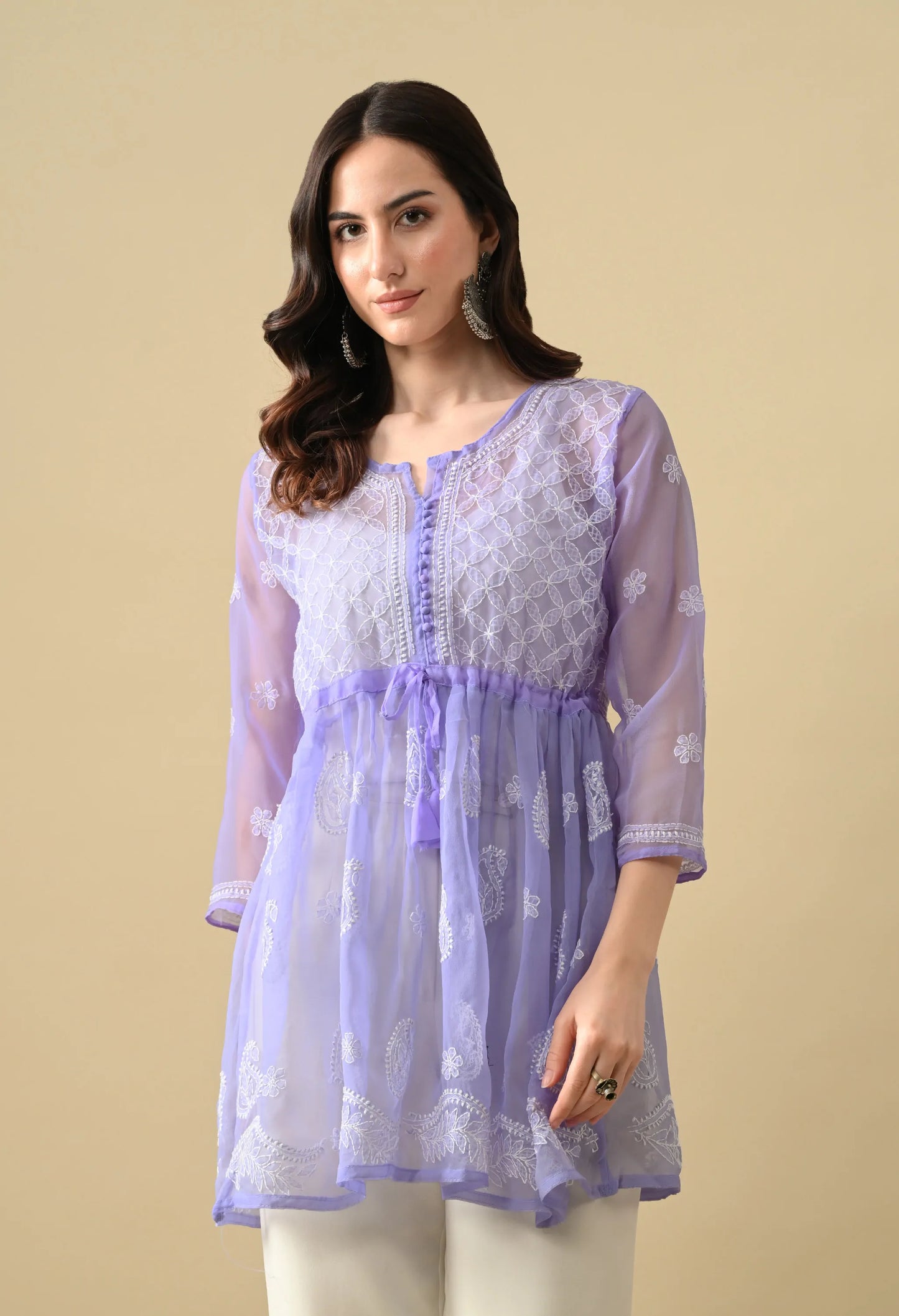 SOFT GEAORGETTE CHIKAN HANDWORK SHORT GOWN | LAVENDER