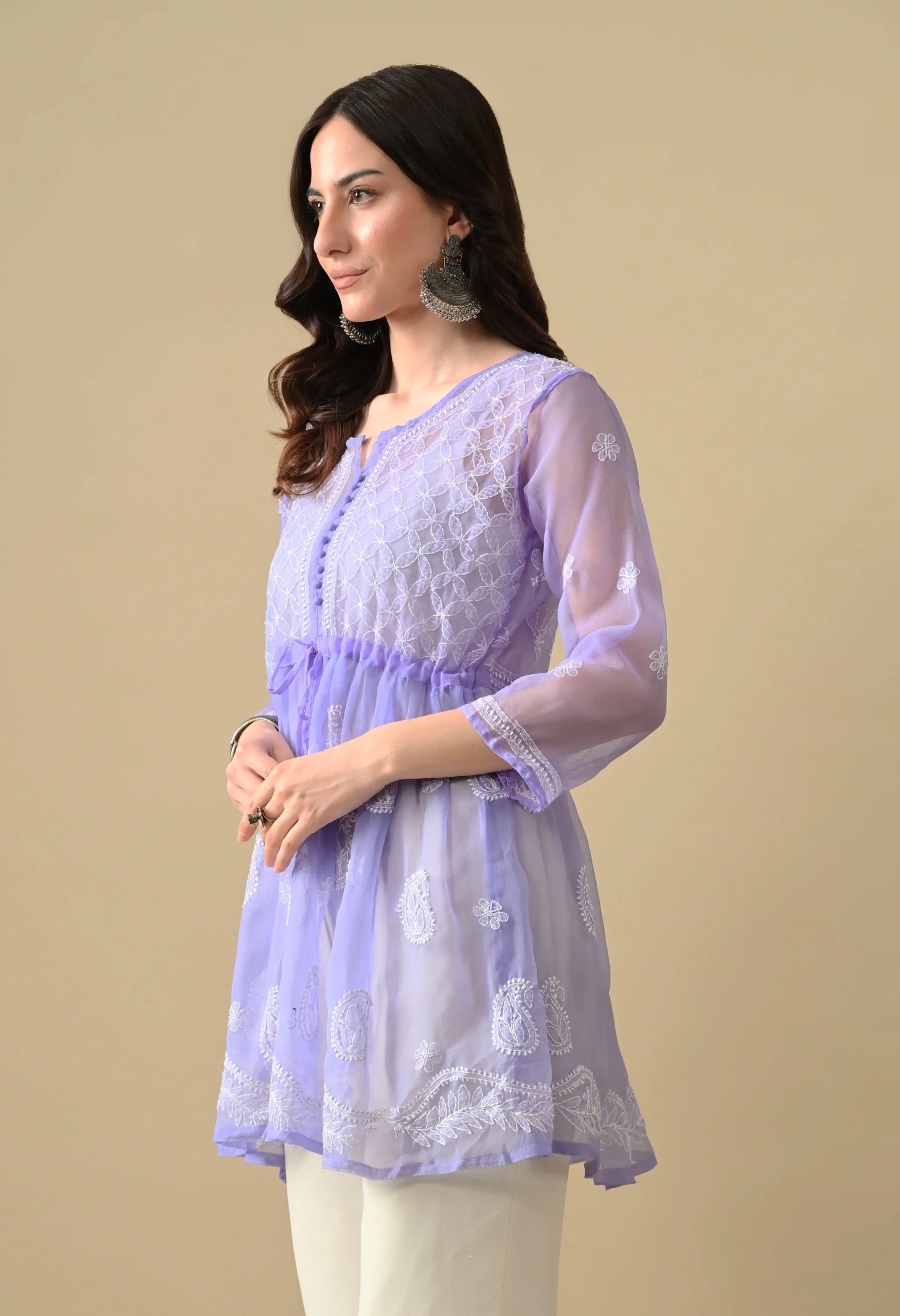 SOFT GEAORGETTE CHIKAN HANDWORK SHORT GOWN | LAVENDER