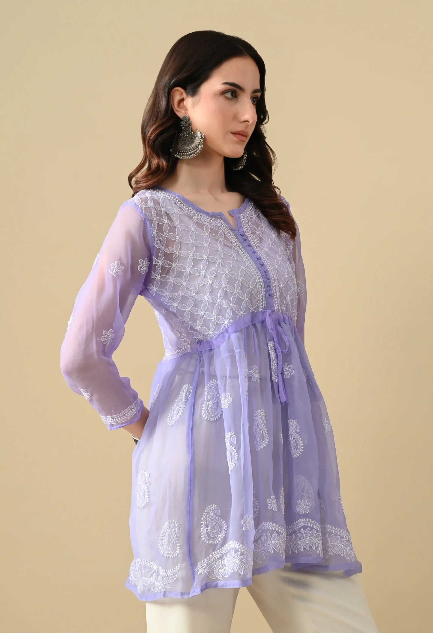 SOFT GEAORGETTE CHIKAN HANDWORK SHORT GOWN | LAVENDER