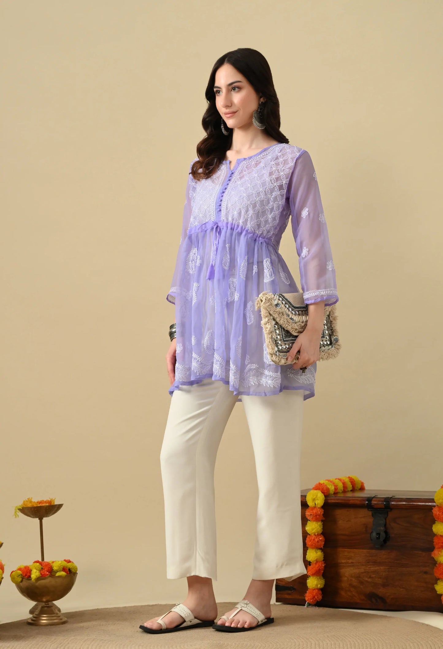SOFT GEAORGETTE CHIKAN HANDWORK SHORT GOWN | LAVENDER