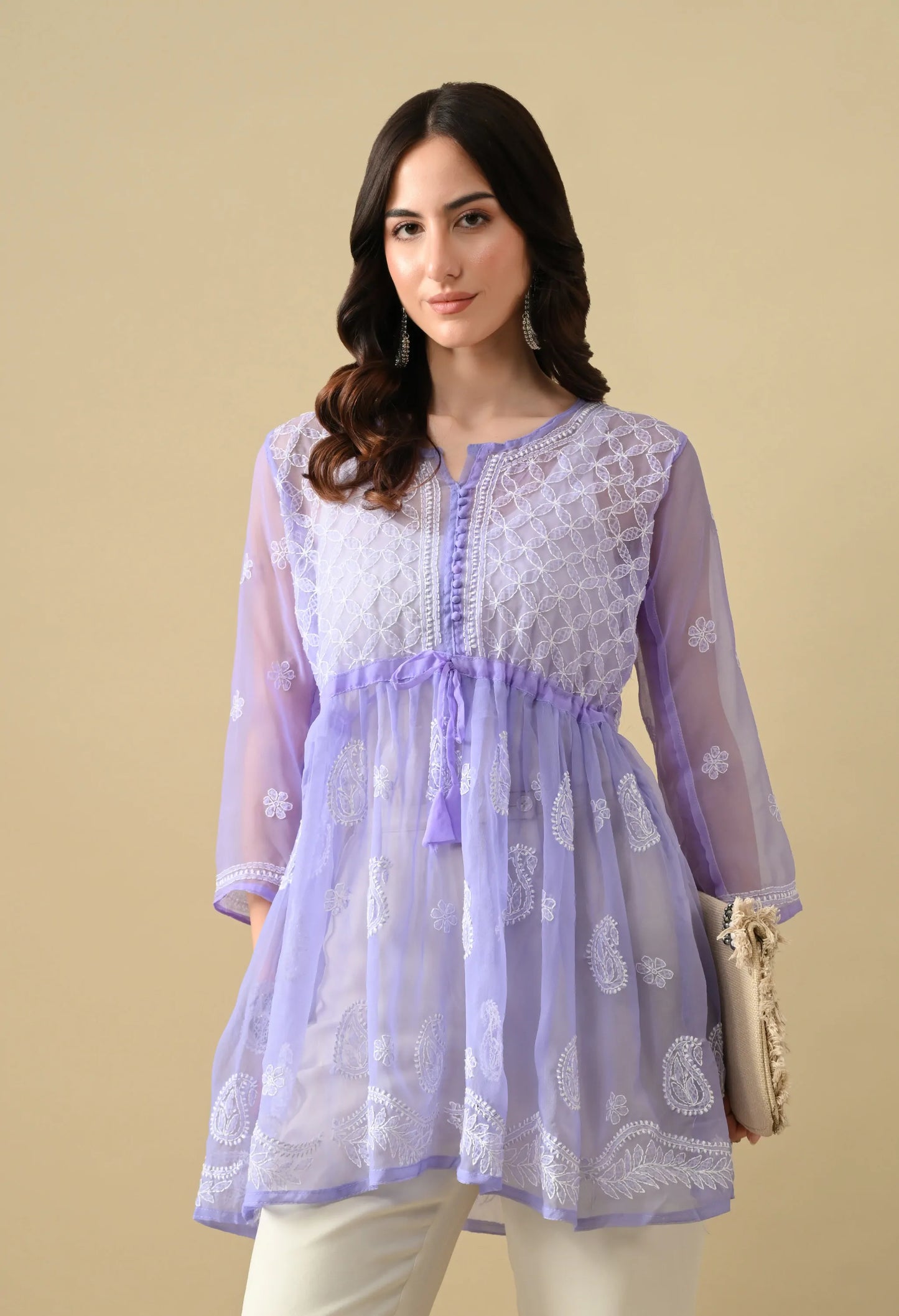 SOFT GEAORGETTE CHIKAN HANDWORK SHORT GOWN | LAVENDER