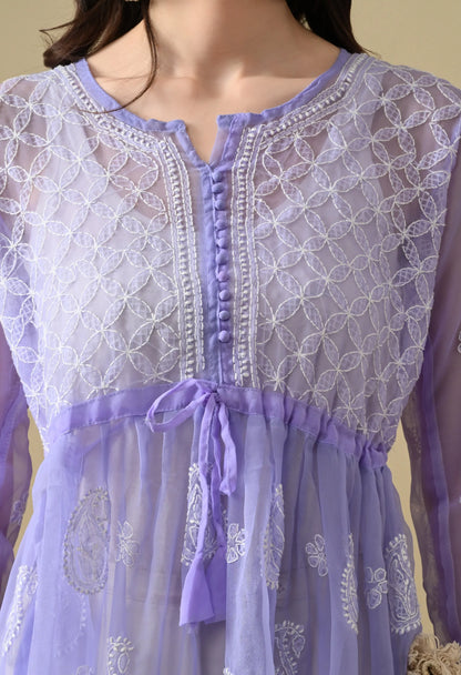 SOFT GEAORGETTE CHIKAN HANDWORK SHORT GOWN | LAVENDER