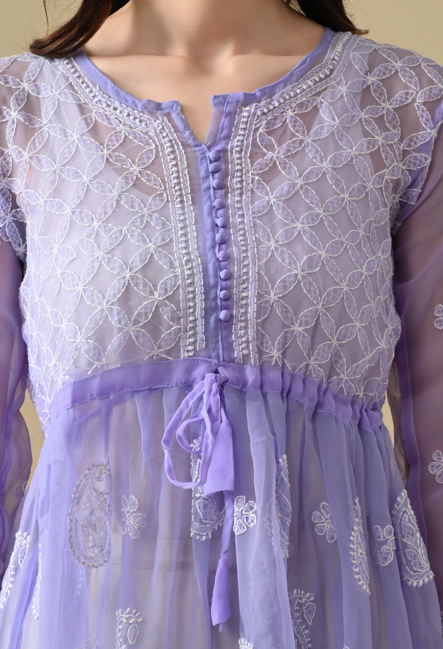 SOFT GEAORGETTE CHIKAN HANDWORK SHORT GOWN | LAVENDER