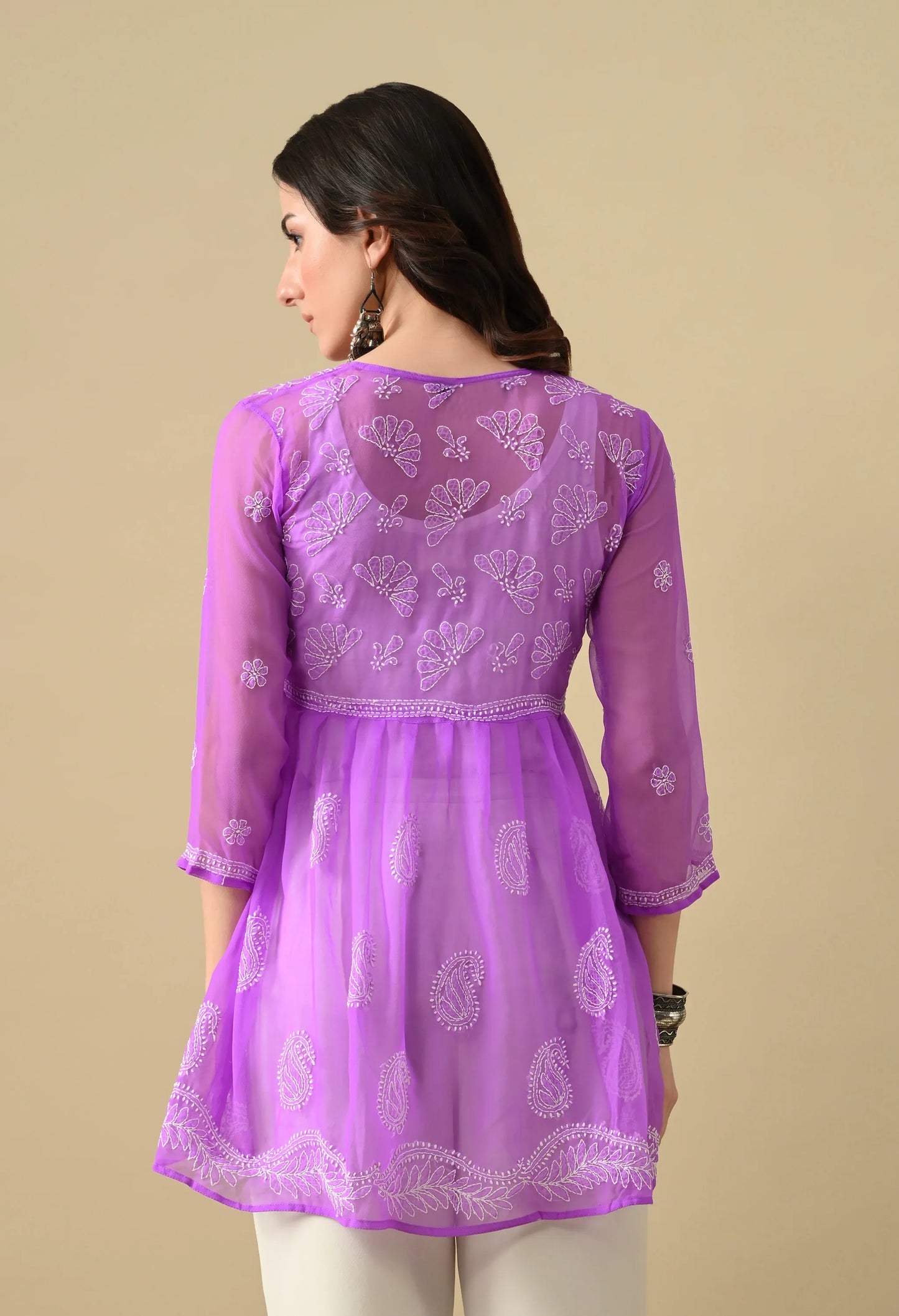 SOFT GEAORGETTE CHIKAN HANDWORK SHORT GOWN | PURPLE