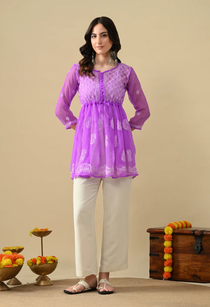 SOFT GEAORGETTE CHIKAN HANDWORK SHORT GOWN | PURPLE