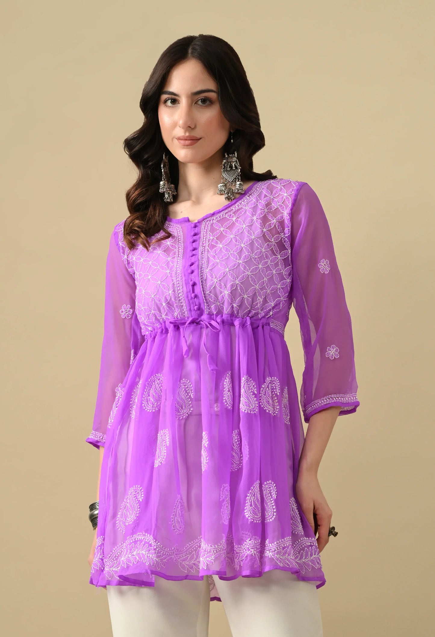 SOFT GEAORGETTE CHIKAN HANDWORK SHORT GOWN | PURPLE