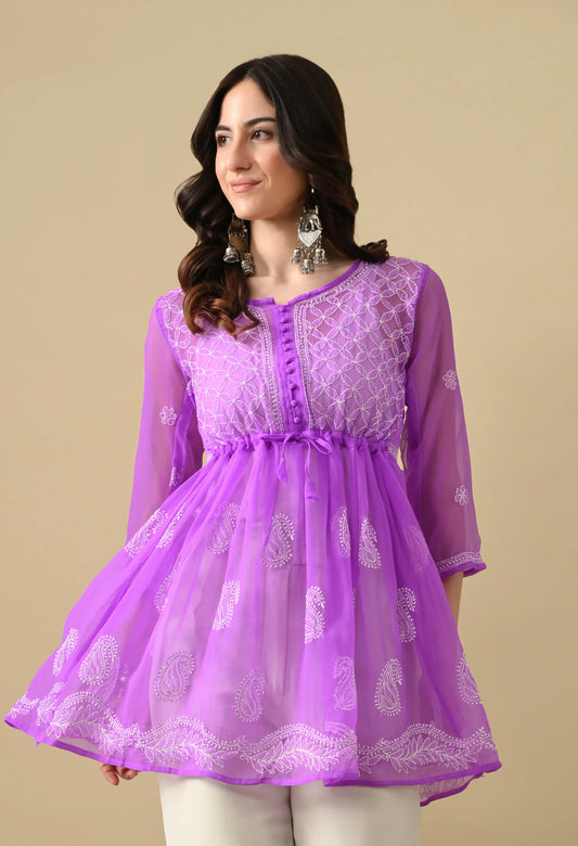 SOFT GEAORGETTE CHIKAN HANDWORK SHORT GOWN | PURPLE
