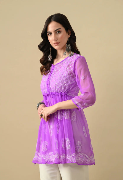SOFT GEAORGETTE CHIKAN HANDWORK SHORT GOWN | PURPLE