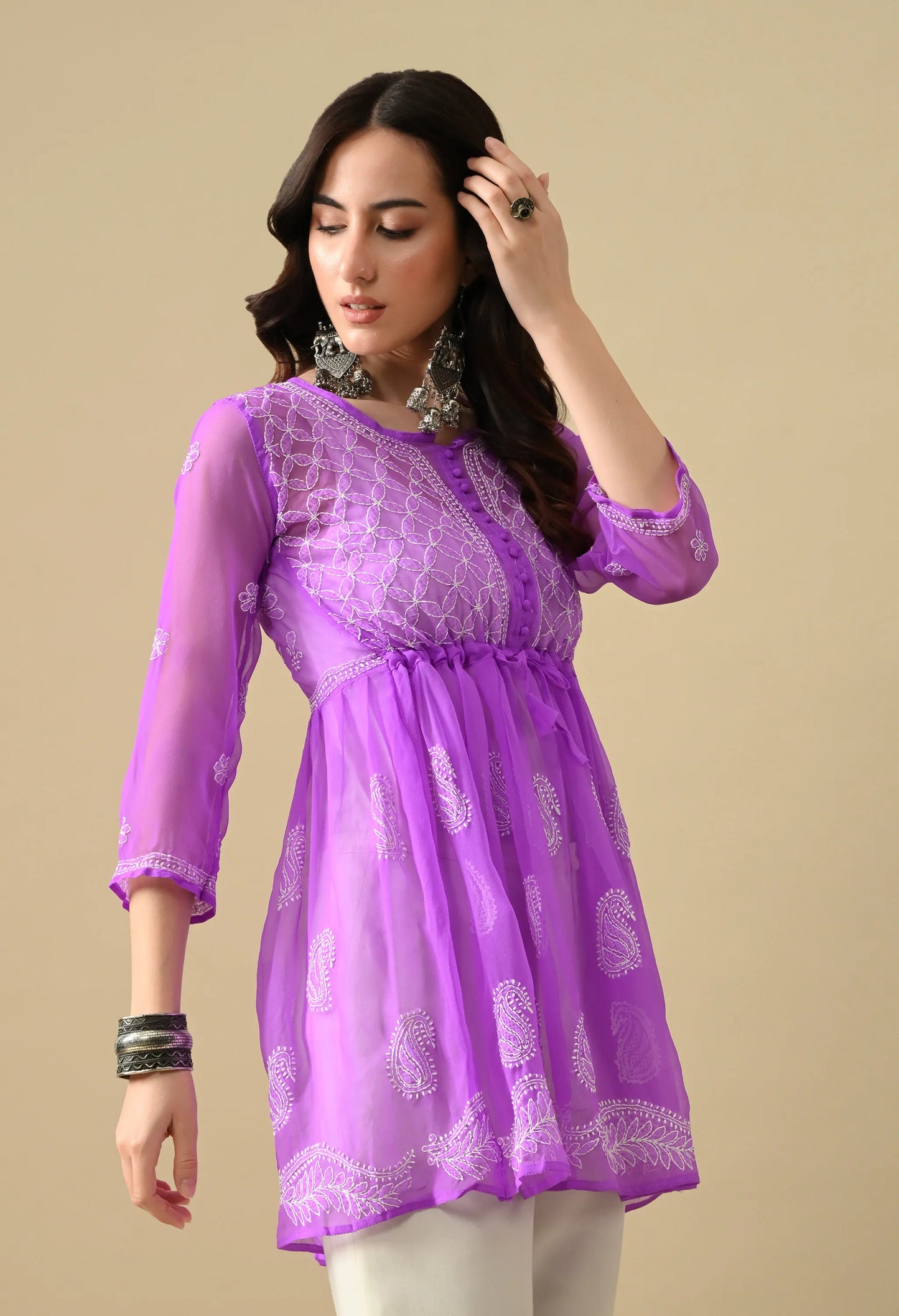 SOFT GEAORGETTE CHIKAN HANDWORK SHORT GOWN | PURPLE